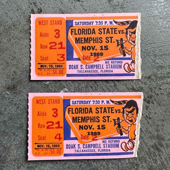 1969 FSU v. Memphis State Sammy Seminole Tickets